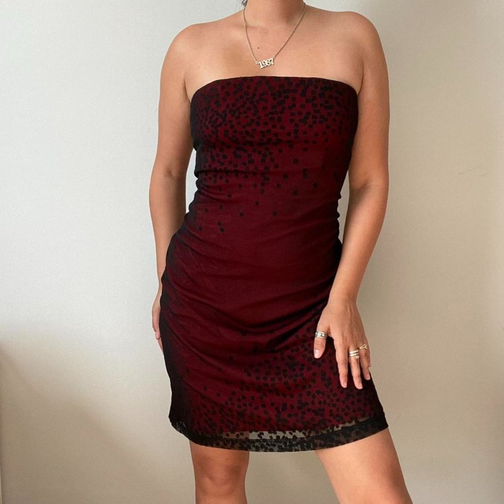 Vintage Express red and black mesh strapless dress